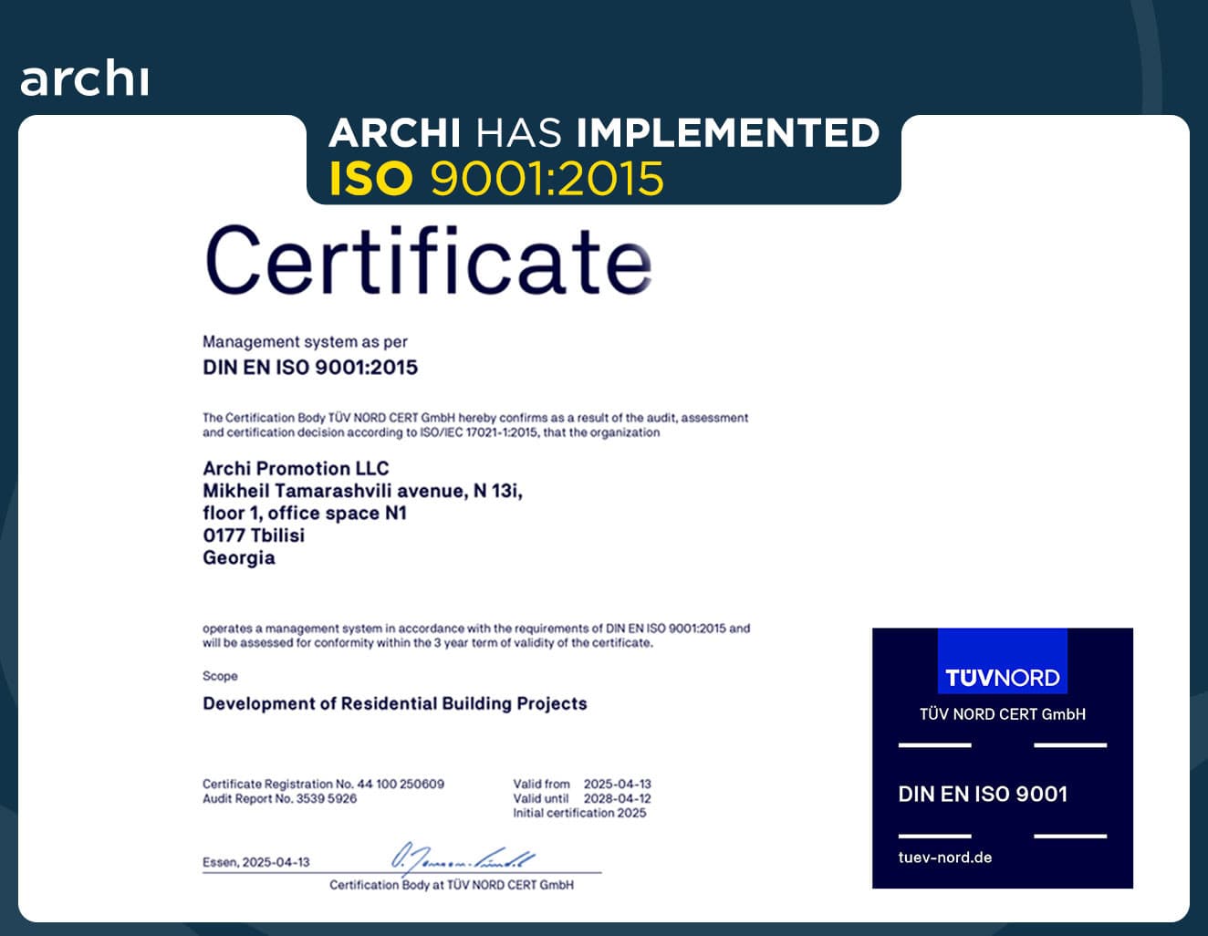 Archi has implemented the ISO 9001:2015 Quality Management Standard